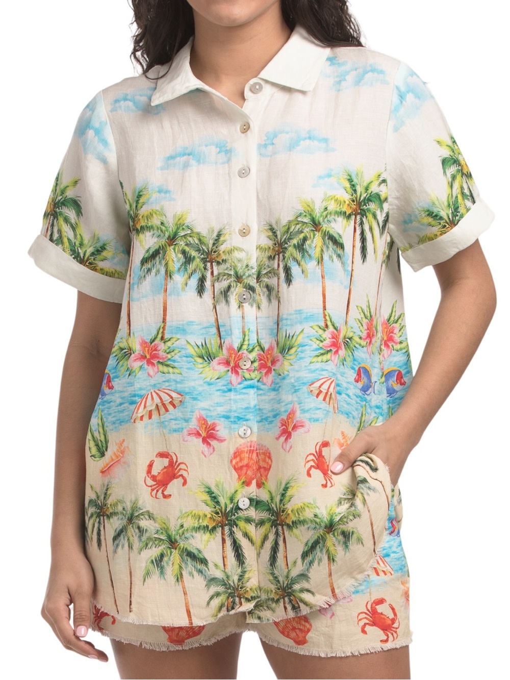 Show Me Your MuMu Cream Tropical Palm Button-Down Shirt and Shorts SET